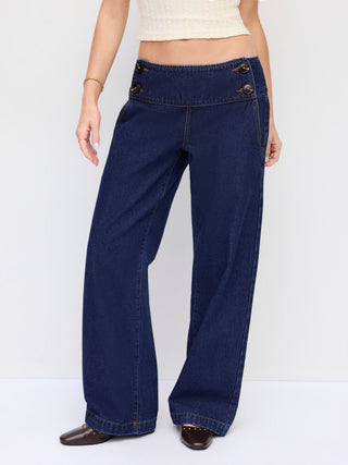 Denim Low Rise Washed Button Detail Wide Leg Jeans
