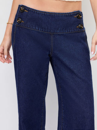 Denim Low Rise Washed Button Detail Wide Leg Jeans