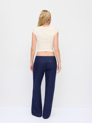 Denim Low Rise Washed Button Detail Wide Leg Jeans