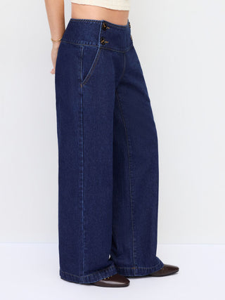 Denim Low Rise Washed Button Detail Wide Leg Jeans