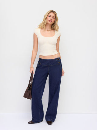 Denim Low Rise Washed Button Detail Wide Leg Jeans