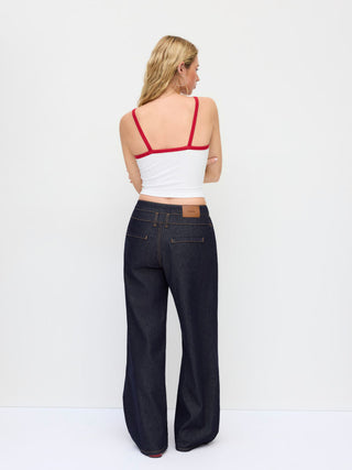 Denim Mid Rise Asymmetrical Metal Detail Wide Leg Jeans