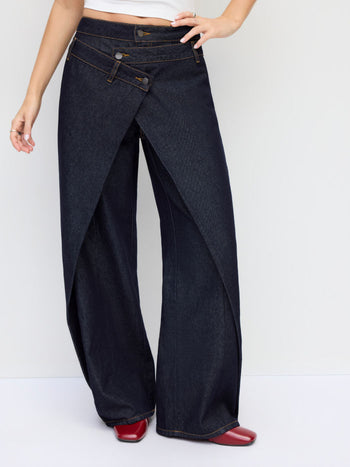Denim Mid Rise Asymmetrical Metal Detail Wide Leg Jeans