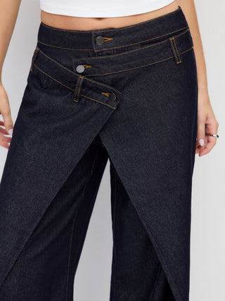 Denim Mid Rise Asymmetrical Metal Detail Wide Leg Jeans