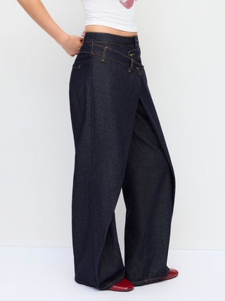 Denim Mid Rise Asymmetrical Metal Detail Wide Leg Jeans