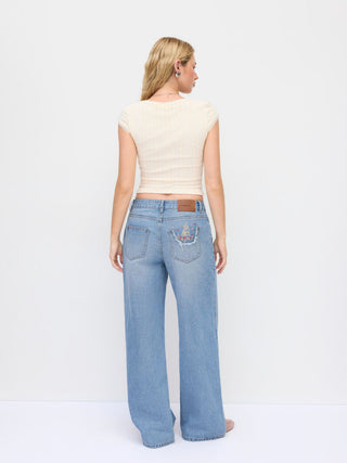 Denim Mid Rise Washed Animal Embroidery Metal Detail Wide Leg Jeans