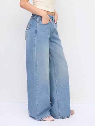 Denim Mid Rise Washed Animal Embroidery Metal Detail Wide Leg Jeans