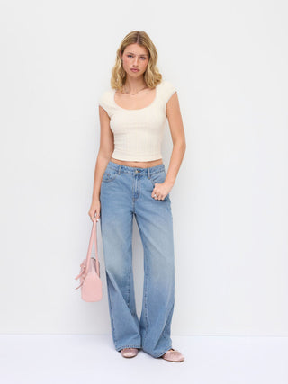Denim Mid Rise Washed Animal Embroidery Metal Detail Wide Leg Jeans