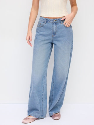 Denim Mid Rise Washed Animal Embroidery Metal Detail Wide Leg Jeans