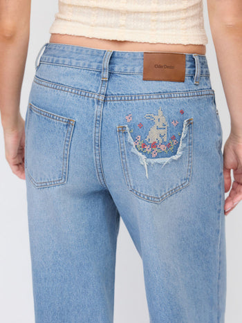 Denim Mid Rise Washed Animal Embroidery Metal Detail Wide Leg Jeans