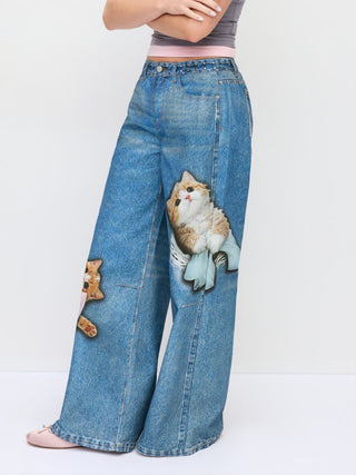 Denim Mid Rise Cat Graphic Bowknot Metal Detail Regular Jeans
