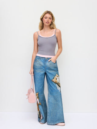 Denim Mid Rise Cat Graphic Bowknot Metal Detail Regular Jeans