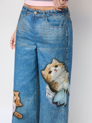 Denim Mid Rise Cat Graphic Bowknot Metal Detail Regular Jeans