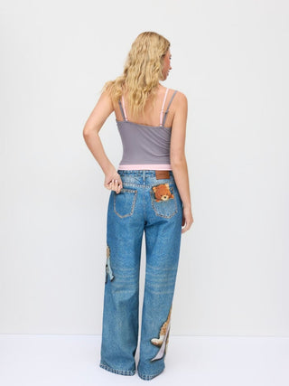 Denim Mid Rise Cat Graphic Bowknot Metal Detail Regular Jeans