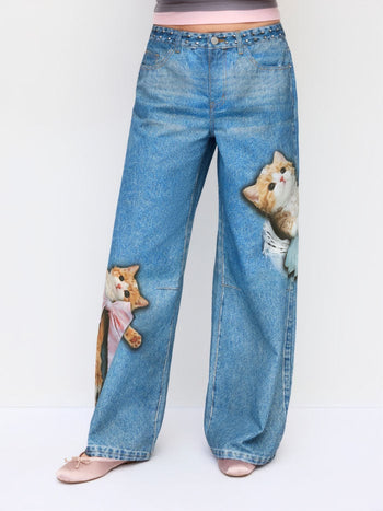 Denim Mid Rise Cat Graphic Bowknot Metal Detail Regular Jeans