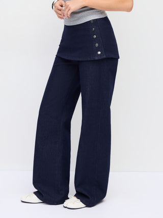 Stretch Denim Low Rise Wrap Metal Detail Straight Leg Jeans