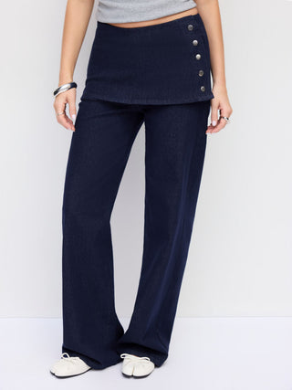 Stretch Denim Low Rise Wrap Metal Detail Straight Leg Jeans