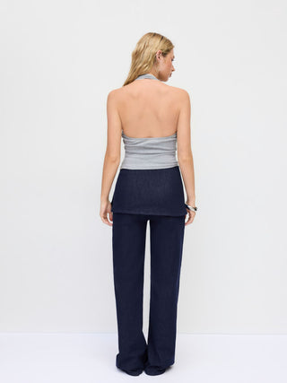 Stretch Denim Low Rise Wrap Metal Detail Straight Leg Jeans