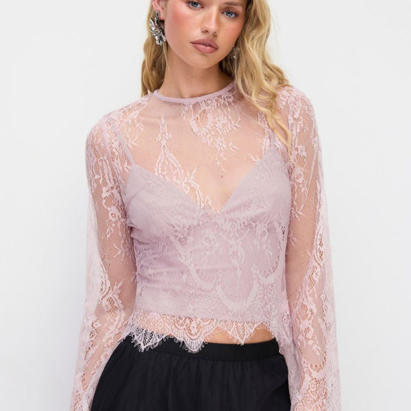 Lace Scalloped Hem Bell Sleeve Top & V-Neck Cami Top