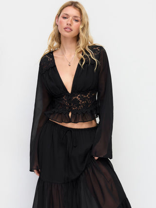 Chiffon Lace V-neck Bell Sleeve Blouse & Mid Rise Tiered Maxi Skirt Set