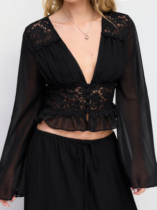 Chiffon Lace V-neck Bell Sleeve Blouse & Mid Rise Tiered Maxi Skirt Set