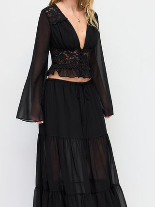 Chiffon Lace V-neck Bell Sleeve Blouse & Mid Rise Tiered Maxi Skirt Set