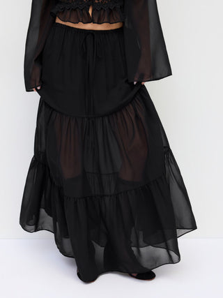 Chiffon Lace V-neck Bell Sleeve Blouse & Mid Rise Tiered Maxi Skirt Set