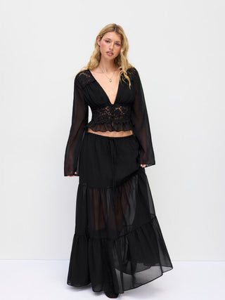 Chiffon Lace V-neck Bell Sleeve Blouse & Mid Rise Tiered Maxi Skirt Set