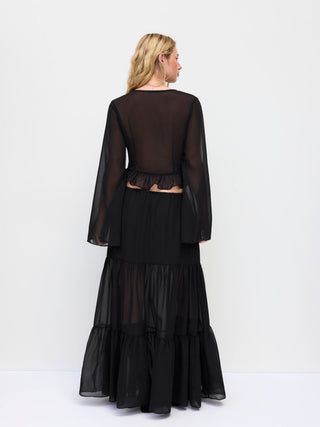 Chiffon Lace V-neck Bell Sleeve Blouse & Mid Rise Tiered Maxi Skirt Set