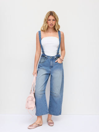 Denim Washed Low Rise Ruched Metal Detail Barrel-leg Cropped Overalls