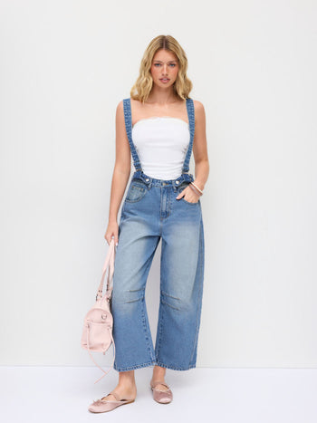 Denim Washed Low Rise Ruched Metal Detail Barrel-leg Cropped Overalls