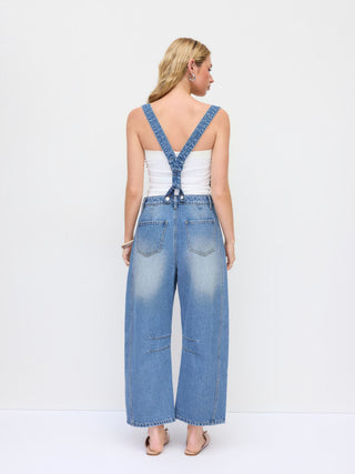Denim Washed Low Rise Ruched Metal Detail Barrel-leg Cropped Overalls