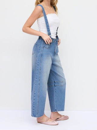 Denim Washed Low Rise Ruched Metal Detail Barrel-leg Cropped Overalls