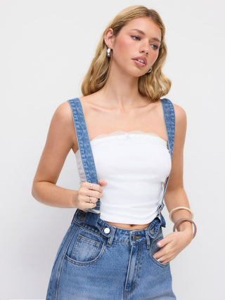 Denim Washed Low Rise Ruched Metal Detail Barrel-leg Cropped Overalls