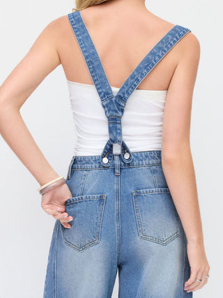 Denim Washed Low Rise Ruched Metal Detail Barrel-leg Cropped Overalls