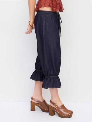 Denim Mid Rise Ruffled Belted Barrel-leg Cropped Jeans