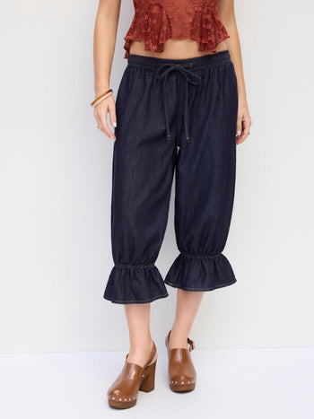 Denim Mid Rise Ruffled Belted Barrel-leg Cropped Jeans