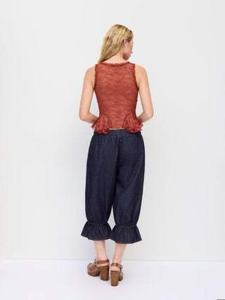 Denim Mid Rise Ruffled Belted Barrel-leg Cropped Jeans