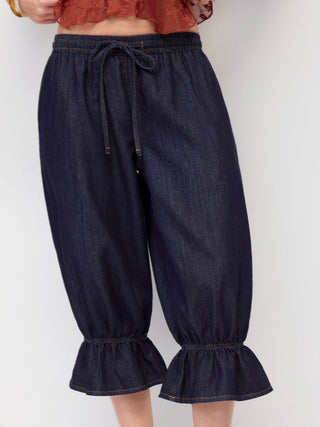 Denim Mid Rise Ruffled Belted Barrel-leg Cropped Jeans