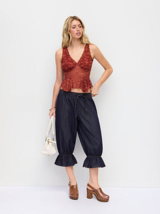 Denim Mid Rise Ruffled Belted Barrel-leg Cropped Jeans