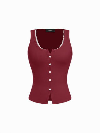 Cotton-blend Scoop Neck Lace Trim Tank Top