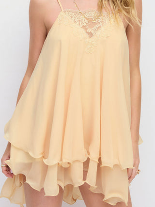 Chiffon Lace Trim Backless Ruffle Hem Mini Slip Dress