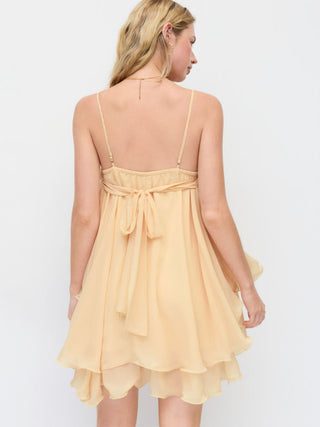 Chiffon Lace Trim Backless Ruffle Hem Mini Slip Dress