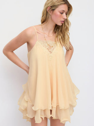 Chiffon Lace Trim Backless Ruffle Hem Mini Slip Dress