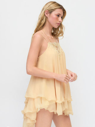 Chiffon Lace Trim Backless Ruffle Hem Mini Slip Dress