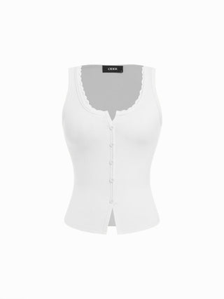 Cotton-blend Scoop Neck Lace Trim Tank Top