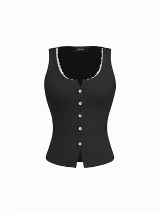 Cotton-blend Scoop Neck Lace Trim Tank Top