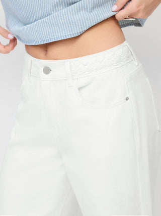 Denim High Rise Braided Detail Wide Leg Jeans With Belt