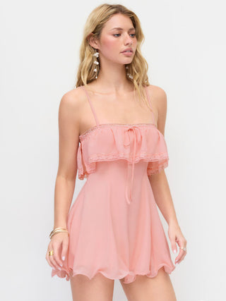 Chiffon Lace Trim Tie Front  Ruffle Hem Mini Dress
