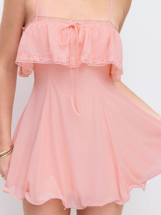 Chiffon Lace Trim Tie Front  Ruffle Hem Mini Dress
